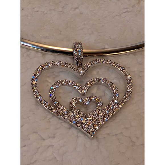 Triple Crystal Hearts by Nolan Miller Pendant & Silver Choker Necklace Dynasty - Picture 8 of 9